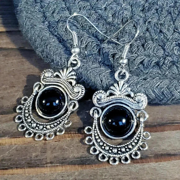 Handcrafted Antique Silver Plated Black Porcelain Stone Dangle Earrings - Picture 4 of 8